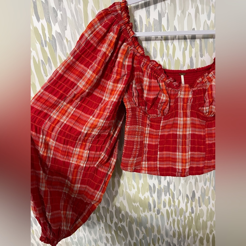 Free People Balloon Sleeve Plaid Blouse